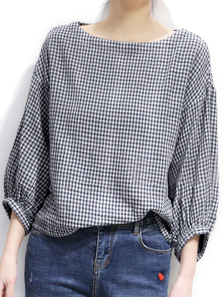 (image for) Check Pattern Puff Sleeve Crew Neck Casual Blouse