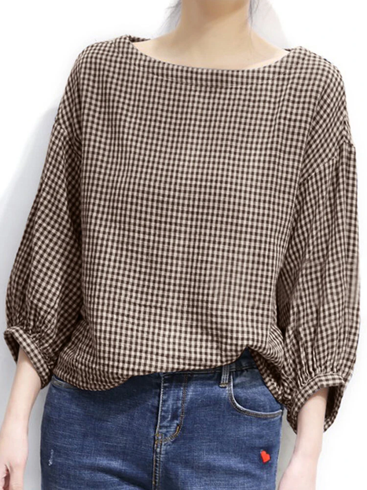 (image for) Check Pattern Puff Sleeve Crew Neck Casual Blouse