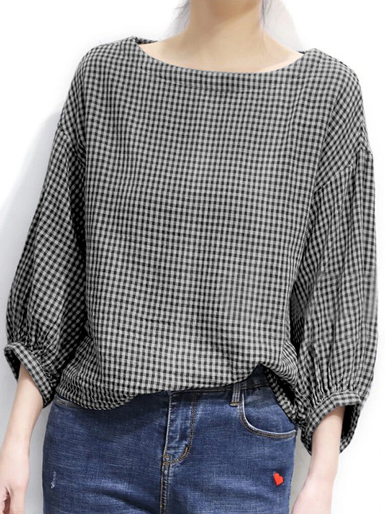 (image for) Check Pattern Puff Sleeve Crew Neck Casual Blouse