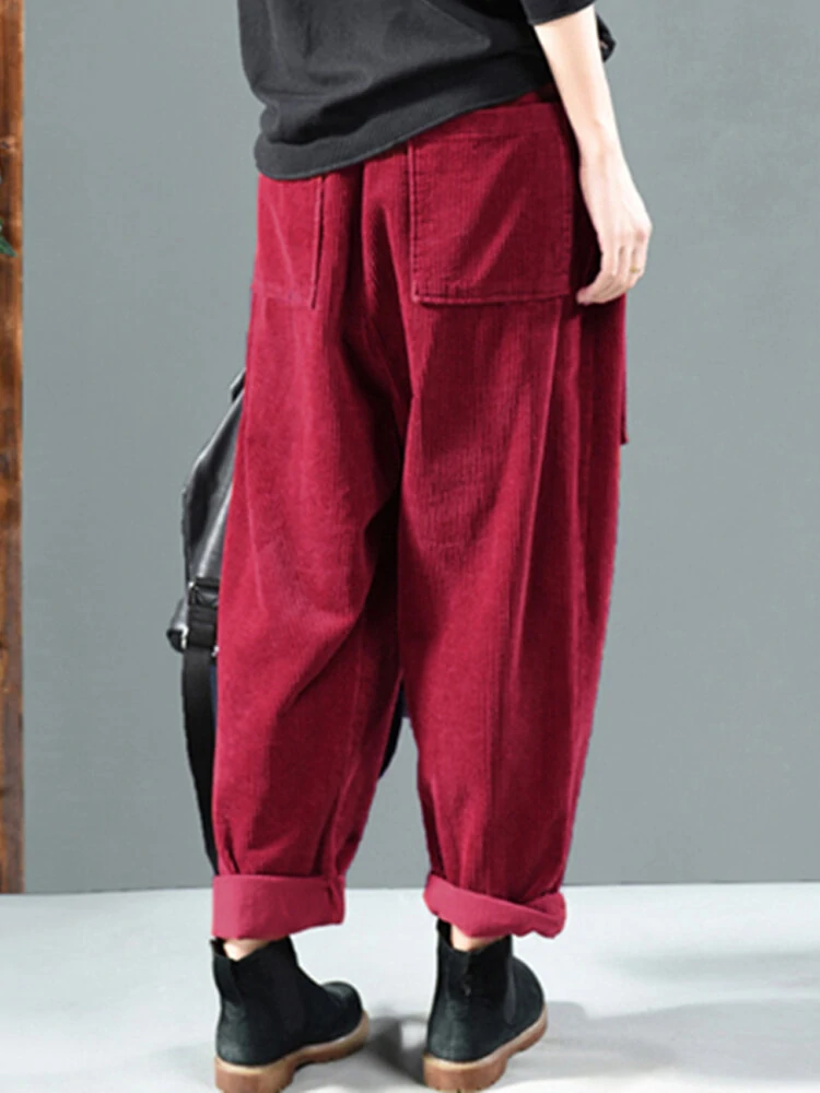 (image for) Corduroy Elastic Waist Solid Color Side Pocket Harem Pants