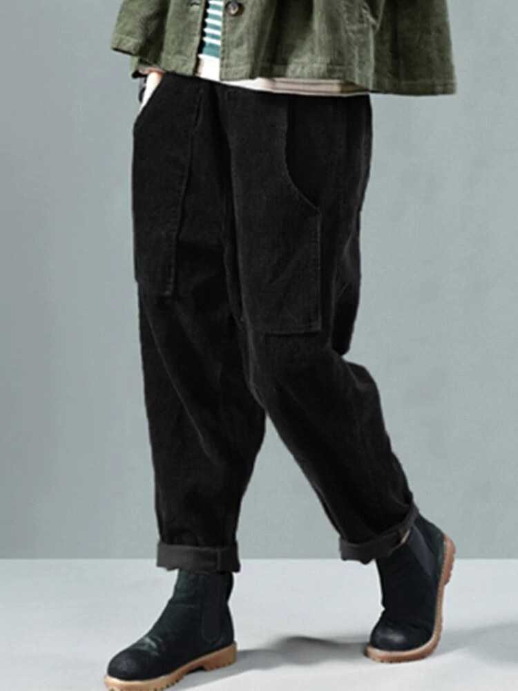 (image for) Corduroy Elastic Waist Solid Color Side Pocket Harem Pants