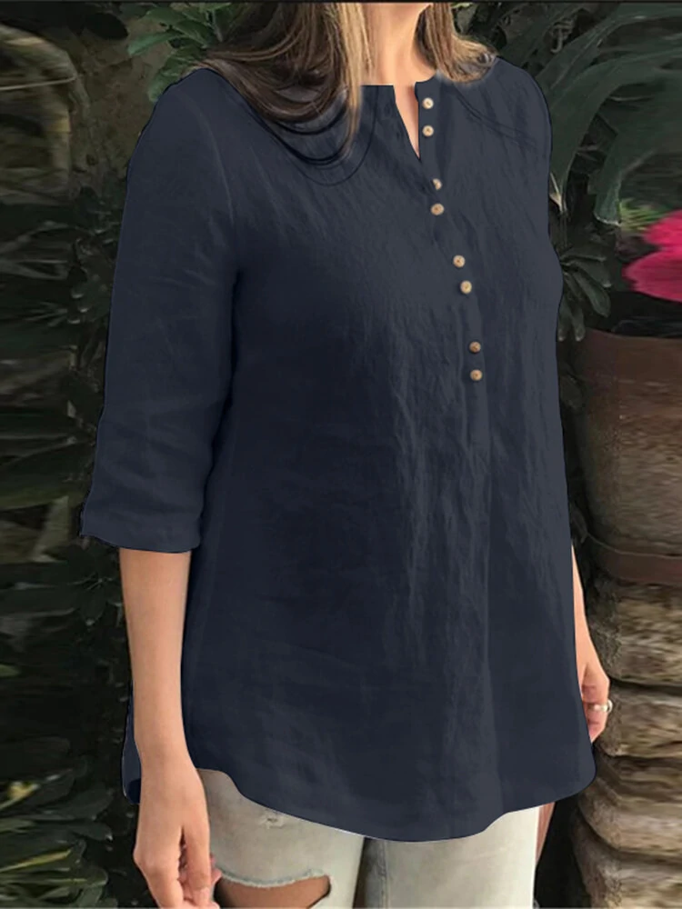 (image for) Cotton Solid Button Ruched High-Low Hem Casual Blouse