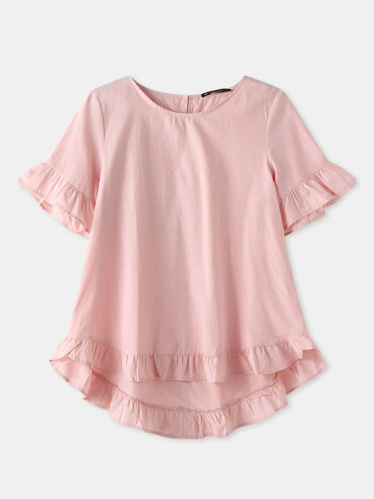 (image for) Solid Color O-neck Ruffle Sleeve Plain Casual Blouse For Women