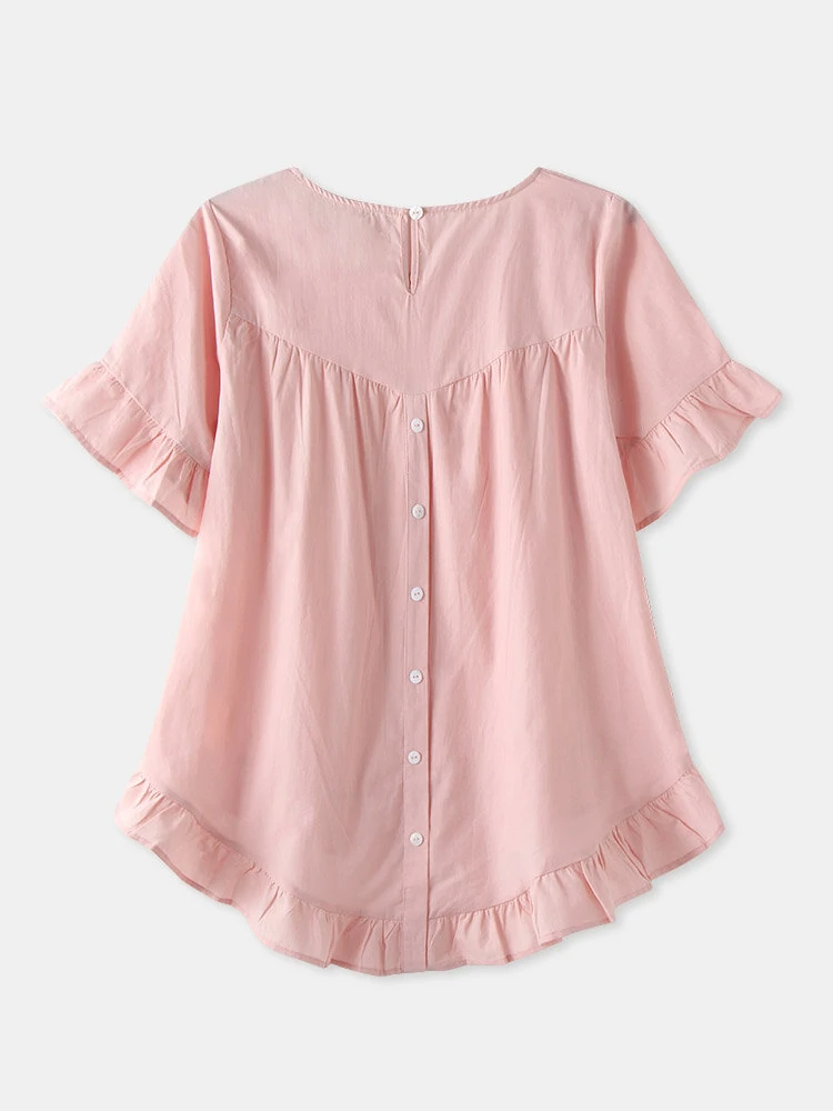 (image for) Solid Color O-neck Ruffle Sleeve Plain Casual Blouse For Women