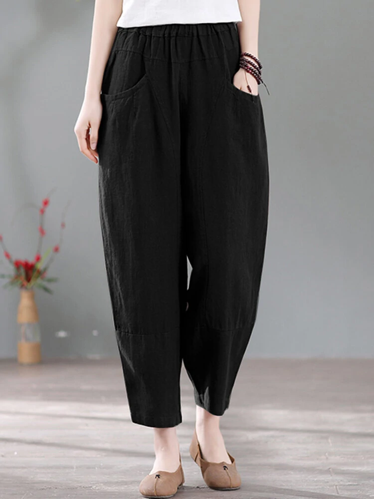(image for) Solid Pocket Casual Cotton Pants