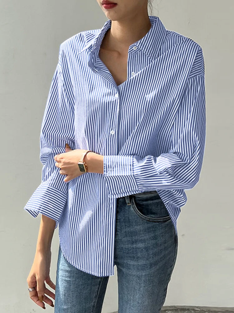 (image for) Stripe Print Long Sleeve Button Front Lapel Shirt