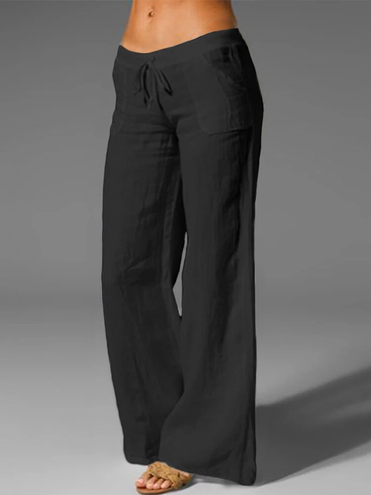 (image for) Wide Leg Women Loose Cotton Pure Color Elastic Waist Trousers Pants