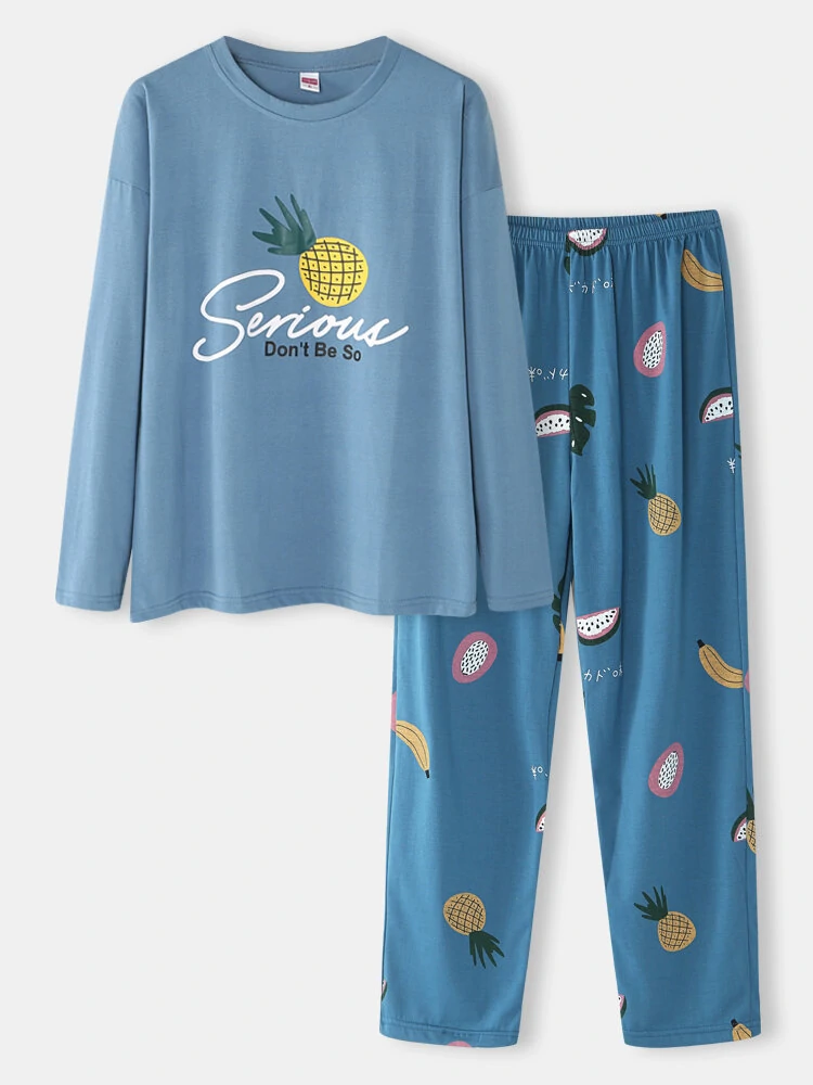 (image for) Women Cartoon Fruit Print O-Neck Loose Pants Cotton Comfy Plus Size Home Pajamas Sets