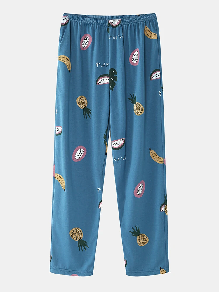 (image for) Women Cartoon Fruit Print O-Neck Loose Pants Cotton Comfy Plus Size Home Pajamas Sets