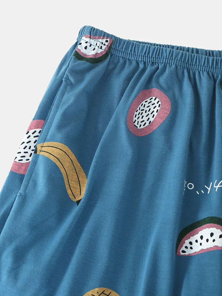 (image for) Women Cartoon Fruit Print O-Neck Loose Pants Cotton Comfy Plus Size Home Pajamas Sets