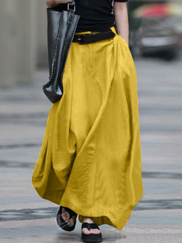 (image for) Women Cotton High Elastic Waist Side Pocket Zipper Solid Casual Skirts
