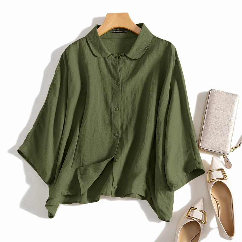 (image for) ZANZEA Cotton Solid Button Lapel Ruched Casual Blouse