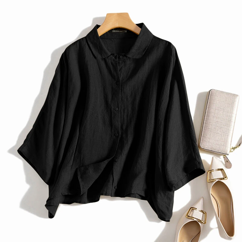 (image for) ZANZEA Cotton Solid Button Lapel Ruched Casual Blouse