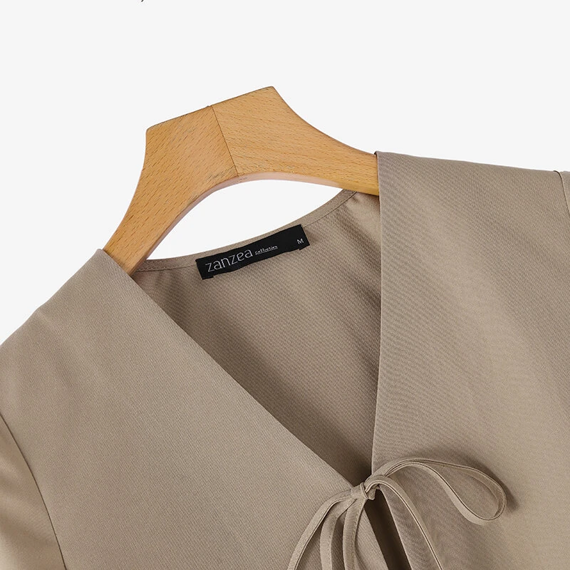 (image for) ZANZEA Daily Short Suit Jacket with Tie Front Collar, Short Sleeves Cotton Linen Blend Women's Blazer