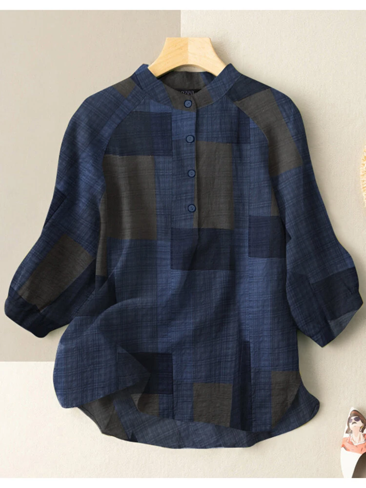 (image for) ZANZEA Plus Size Loose Fit Check Print Button Stand Collar 3/4 Sleeve Cotton Linen Women Blouse