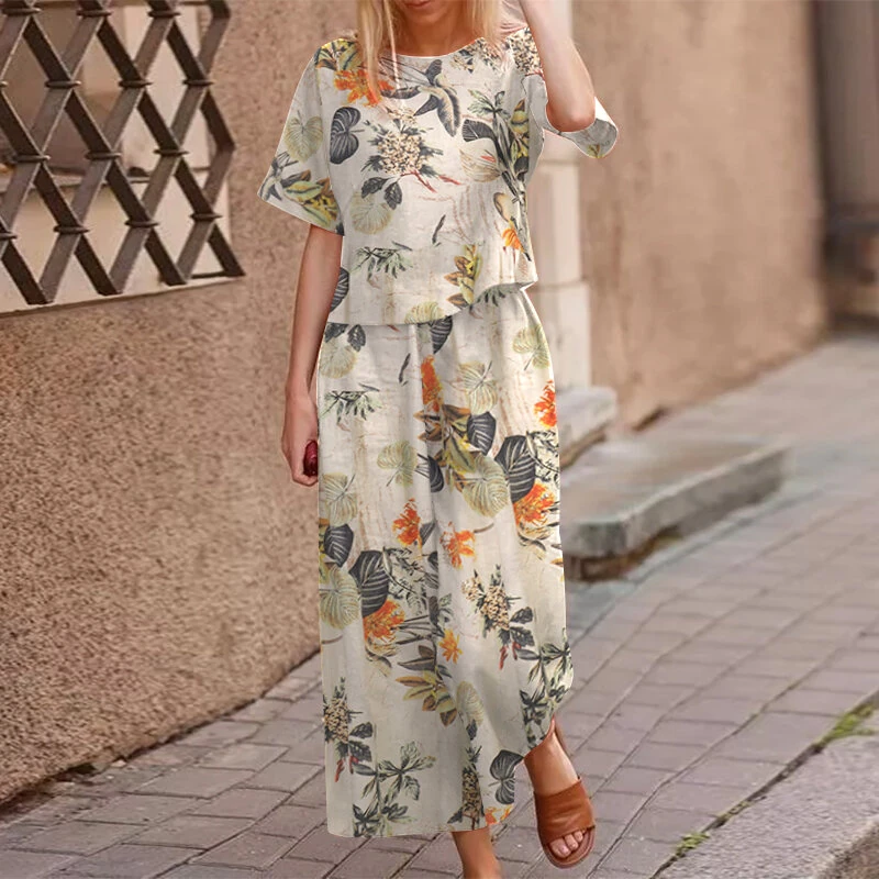 (image for) ZANZEA Plus Size Women Casual Floral Print Cotton Pantsuits, Vintage Printed Short Sleeve T-shirt & Wide Leg Pants Outfits, Women's Clothing Two-Piece Set S-5XL