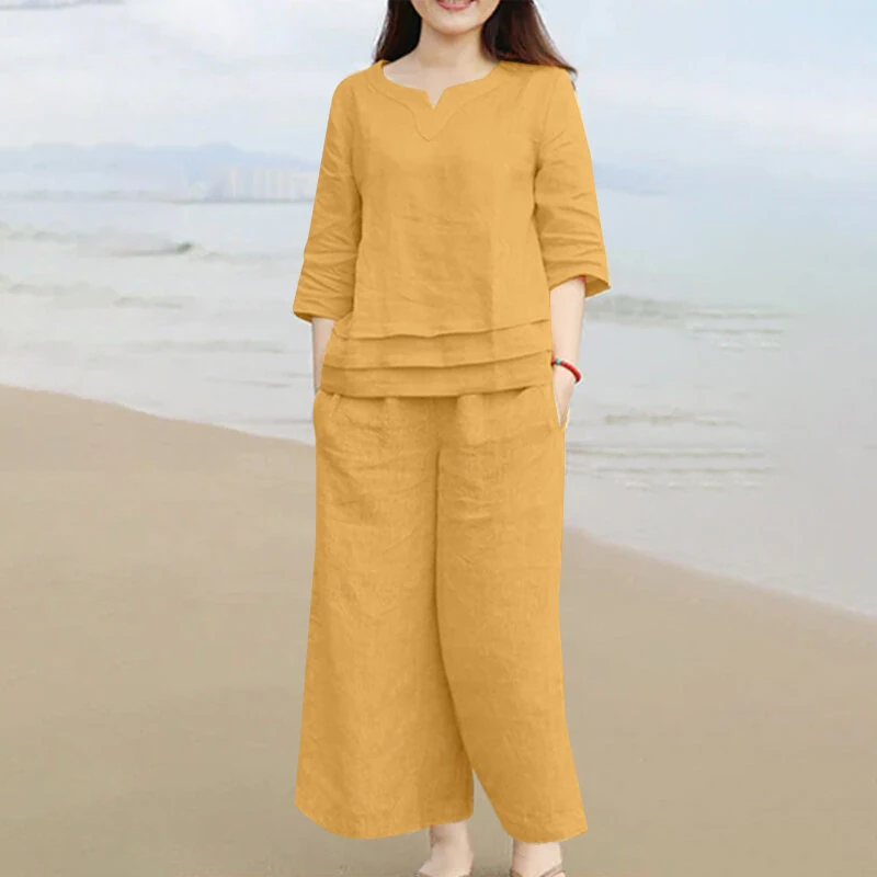 (image for) ZANZEA Plus Size Women Casual Solid Two-Piece Set, Notched Neck 3/4 Sleeve Layered Hem Top & Wide Leg Pants, Women's Plus Size Clothing