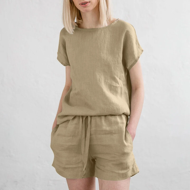 (image for) ZANZEA Plus Size Women Cotton Linen Two Set Solid Elastic Waist Pocket Short Sleeve Blouses and Short Casual Summer Two-Piece Set