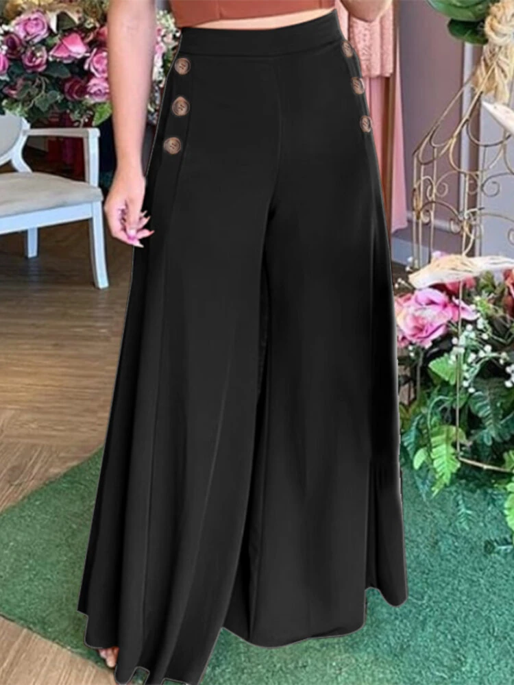 (image for) ZANZEA Plus Size Women Pants Solid Color Side Button Elastic Waist Loose Casual Wide Leg Pants With No Pocket