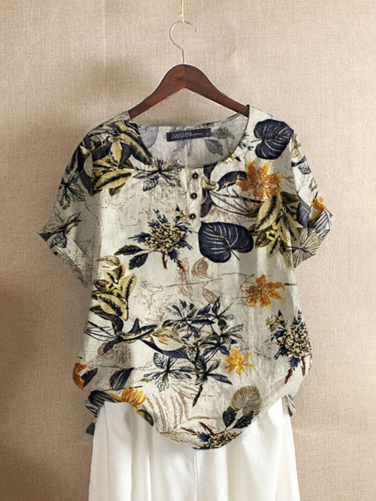 (image for) ZANZEA Plus Size Women's Shirt Cotton Linen Printed Casual Short Sleeve O Neck Loose Blouse Summer Daily Top for Women