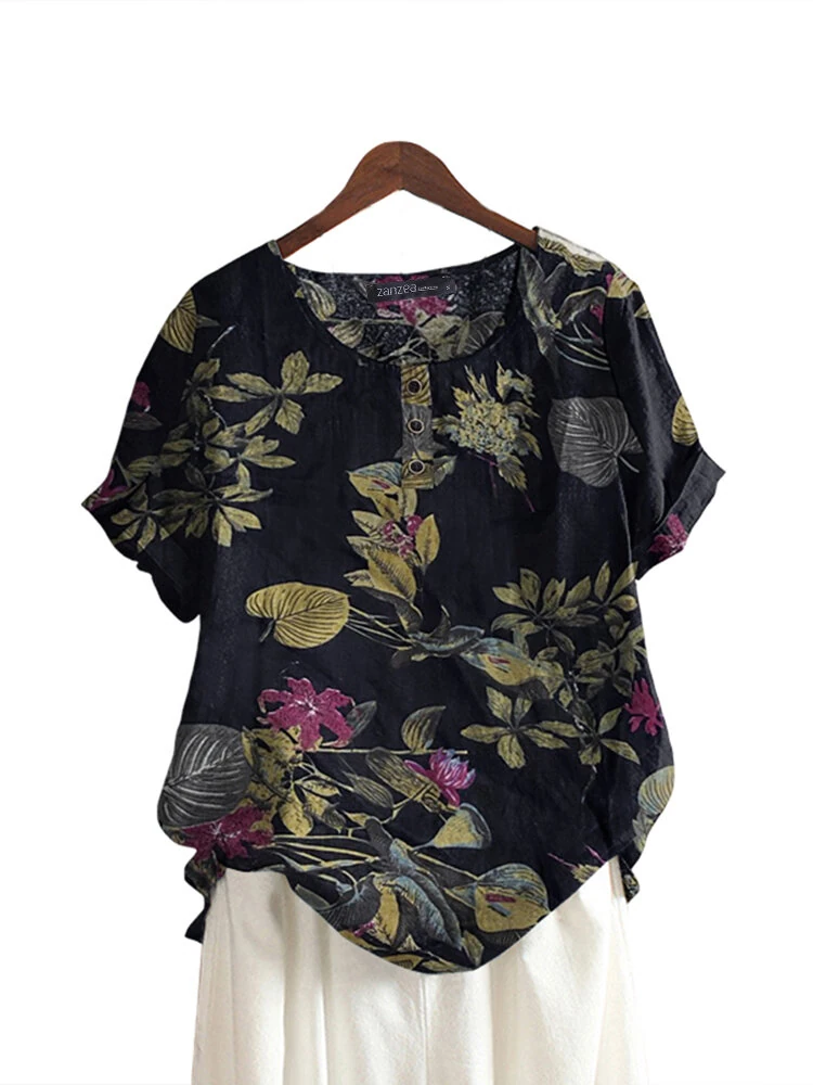 (image for) ZANZEA Plus Size Women's Shirt Cotton Linen Printed Casual Short Sleeve O Neck Loose Blouse Summer Daily Top for Women
