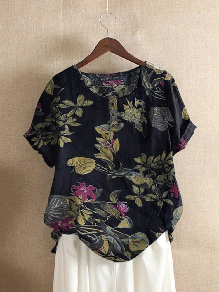 (image for) ZANZEA Plus Size Women's Shirt Cotton Linen Printed Casual Short Sleeve O Neck Loose Blouse Summer Daily Top for Women
