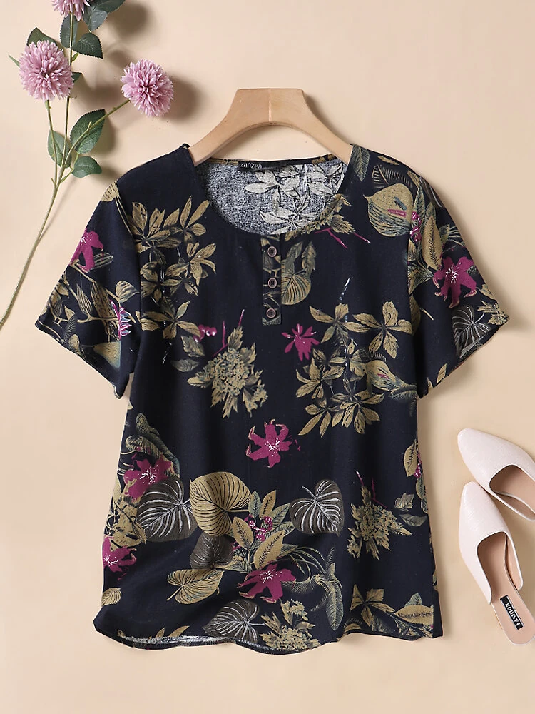 (image for) ZANZEA Plus Size Women's Shirt Cotton Linen Printed Casual Short Sleeve O Neck Loose Blouse Summer Daily Top for Women