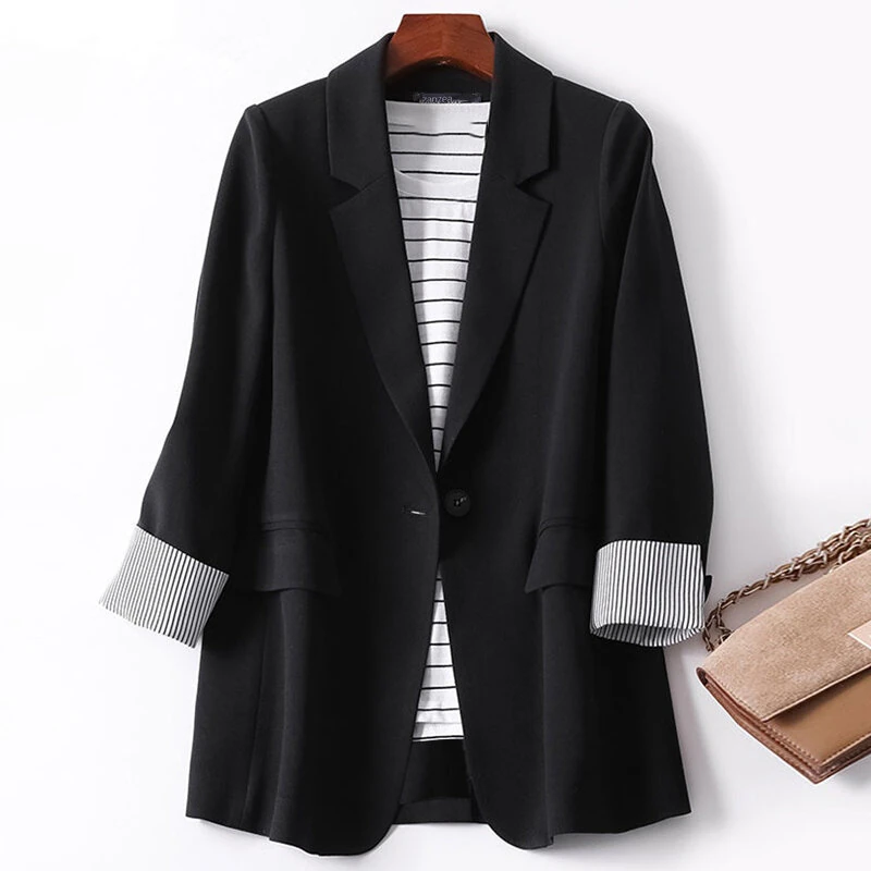 (image for) ZANZEA Plus Size Women's Stripe Panel Long Sleeve Button Front Lapel Blazer with No Pockets