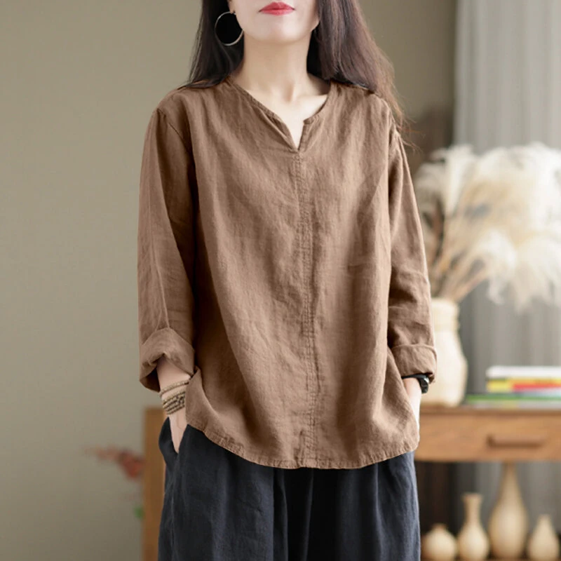 (image for) ZANZEA Vintage Women Cotton Blouse V Neck Long Sleeve Tops Retro Solid Loose Shirt Female Work Tunic Blusas Mujer
