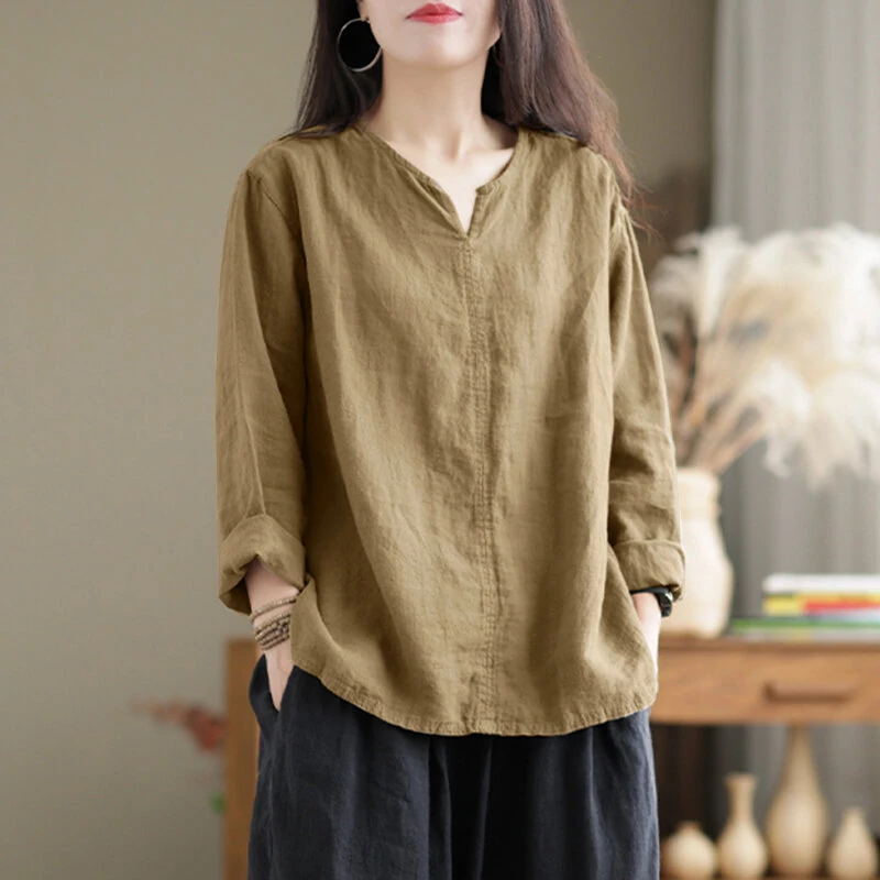 (image for) ZANZEA Vintage Women Cotton Blouse V Neck Long Sleeve Tops Retro Solid Loose Shirt Female Work Tunic Blusas Mujer