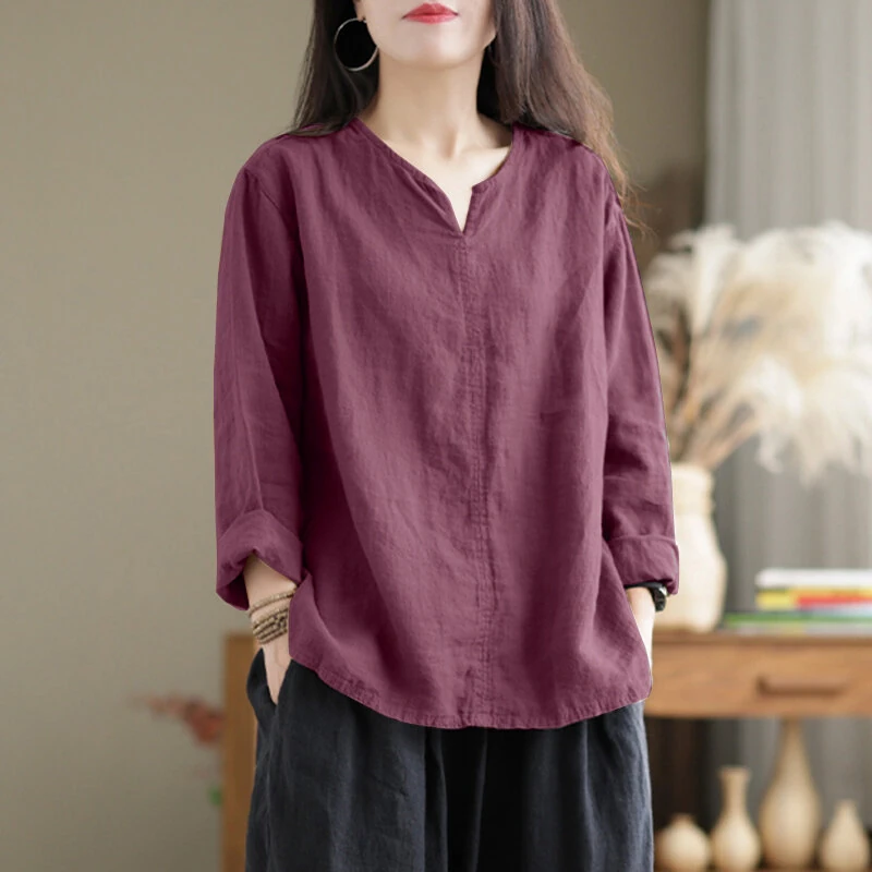 (image for) ZANZEA Vintage Women Cotton Blouse V Neck Long Sleeve Tops Retro Solid Loose Shirt Female Work Tunic Blusas Mujer