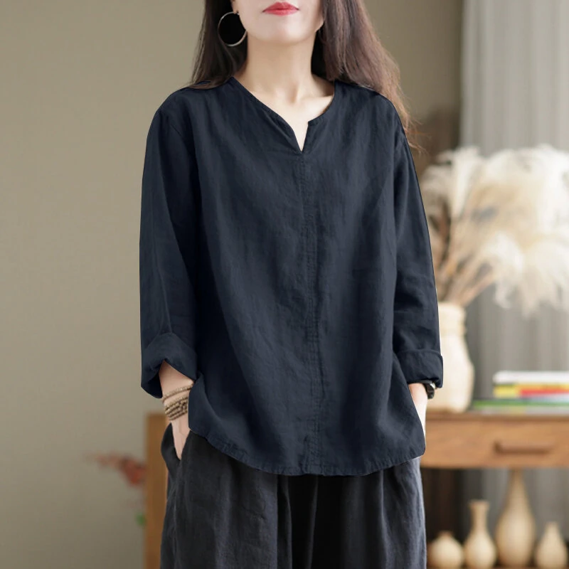 (image for) ZANZEA Vintage Women Cotton Blouse V Neck Long Sleeve Tops Retro Solid Loose Shirt Female Work Tunic Blusas Mujer