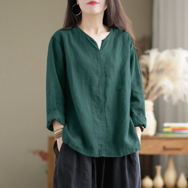 (image for) ZANZEA Vintage Women Cotton Blouse V Neck Long Sleeve Tops Retro Solid Loose Shirt Female Work Tunic Blusas Mujer