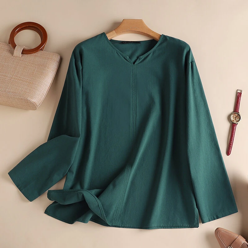 (image for) ZANZEA Vintage Women Cotton Blouse V Neck Long Sleeve Tops Retro Solid Loose Shirt Female Work Tunic Blusas Mujer