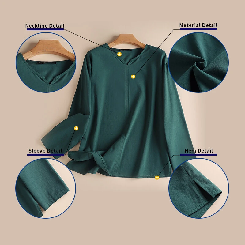(image for) ZANZEA Vintage Women Cotton Blouse V Neck Long Sleeve Tops Retro Solid Loose Shirt Female Work Tunic Blusas Mujer