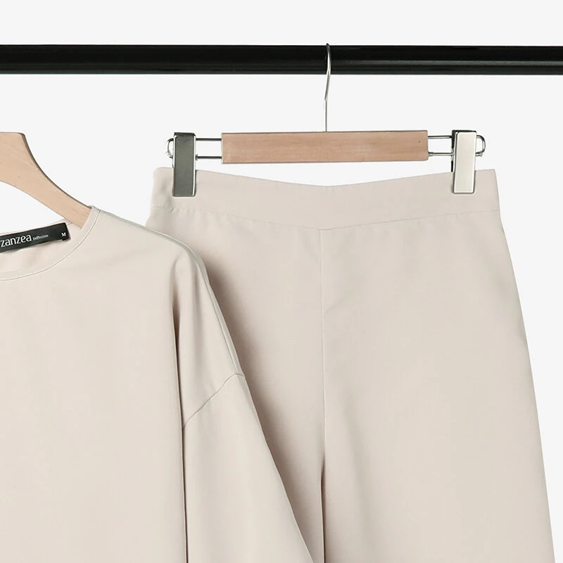 (image for) ZANZEA Women Casual Solid Top Pant Sets Spring Summer Puff Sleeve Top Wide Leg Trouser 2pcs Outfits Daily 2 Pieces Womens Suits 5XL Autumn