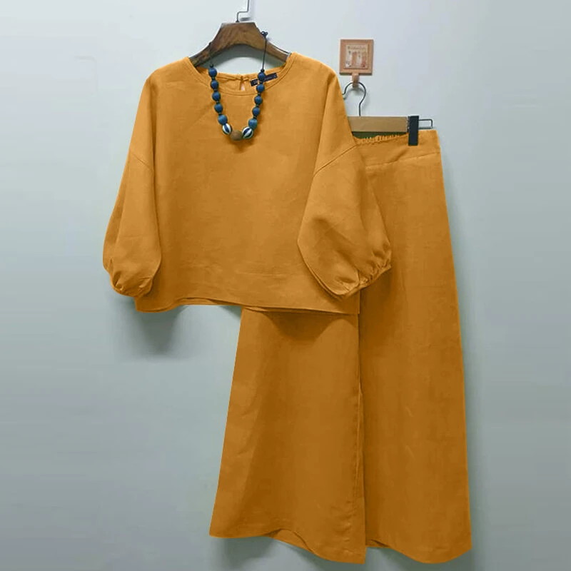 (image for) ZANZEA Women Casual Solid Top Pant Sets Spring Summer Puff Sleeve Top Wide Leg Trouser 2pcs Outfits Daily 2 Pieces Womens Suits 5XL Autumn