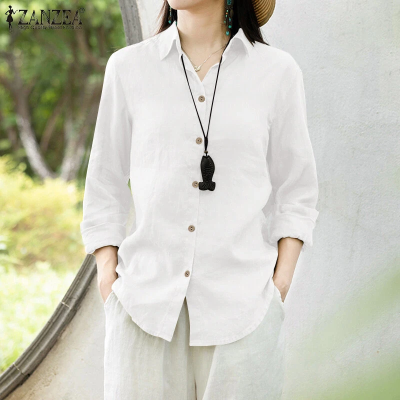 (image for) ZANZEA Women Comfortable Solid Color Blouse Fashion Long Sleeve O-Neck Shirt Casual Loose Basic Tops