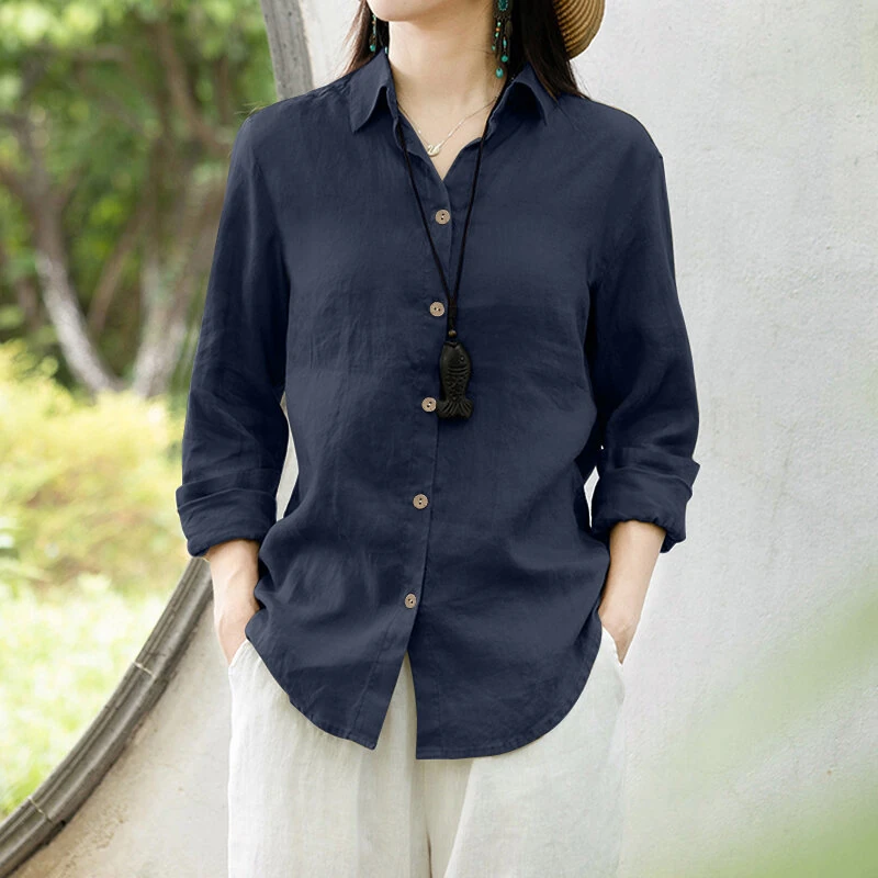 (image for) ZANZEA Women Comfortable Solid Color Blouse Fashion Long Sleeve O-Neck Shirt Casual Loose Basic Tops
