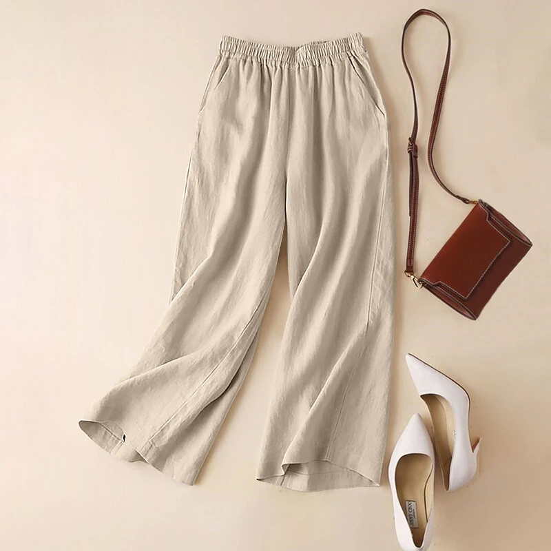 (image for) ZANZEA Women Cotton Elastic Waist Solid Color Long Pants Casual Loose Straight Trousers