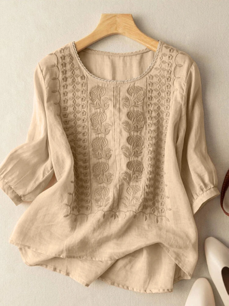 (image for) ZANZEA Women Daily Casual 3/4 Length Sleeve Blouses Solod Color Shirts