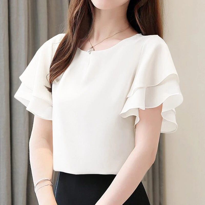 (image for) ZANZEA Women Fashion Short Sleeve Ruffles Blouse Elegant Office OL Shirt Casual O Neck Solid Tops