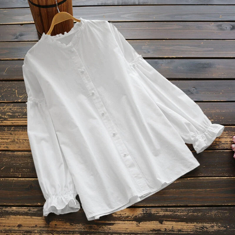 (image for) ZANZEA Women Long Sleeve Blouse Casual Solid Button Down Shirts Female Cotton Tops Chemise S-5XL, Spring Fall for Women Tops