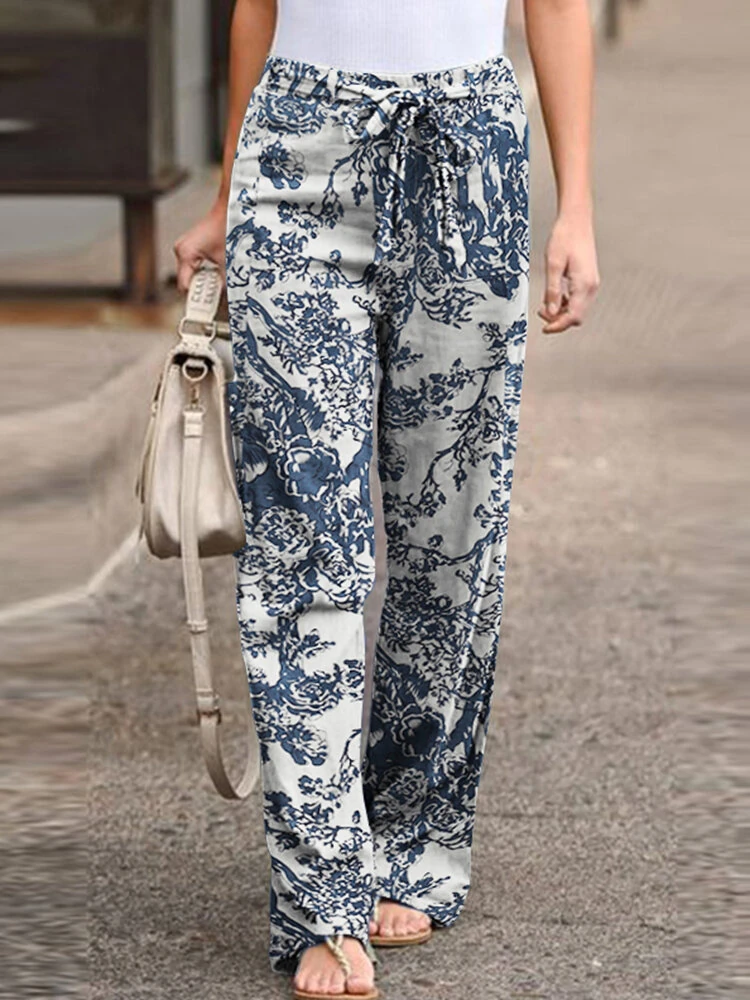 (image for) ZANZEA Women Plus Size Casual Cotton Linen Retro Floral Print Elastic Waist Straight Pants with Side Pockets