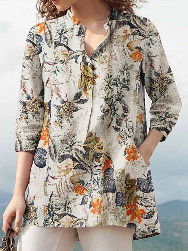 (image for) ZANZEA Women Plus Size Cotton Linen Blouses V-Neck Floral Top Vintage Button Cuffs Three Quarter Sleeve Shirt