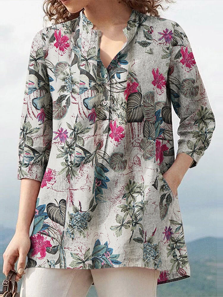 (image for) ZANZEA Women Plus Size Cotton Linen Blouses V-Neck Floral Top Vintage Button Cuffs Three Quarter Sleeve Shirt