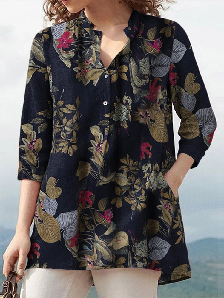 (image for) ZANZEA Women Plus Size Cotton Linen Blouses V-Neck Floral Top Vintage Button Cuffs Three Quarter Sleeve Shirt