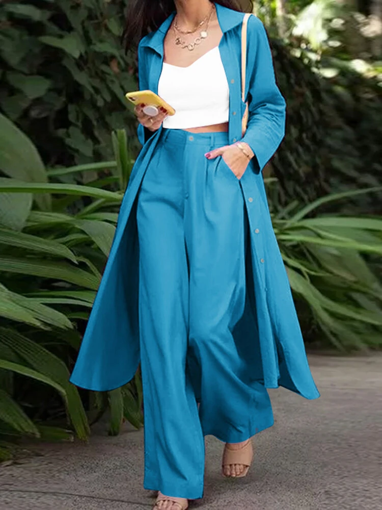 (image for) ZANZEA Women Plus Size Two Set Solid Button Lapel Long Sleeve Long Blouses and Pant Two Pieces Set
