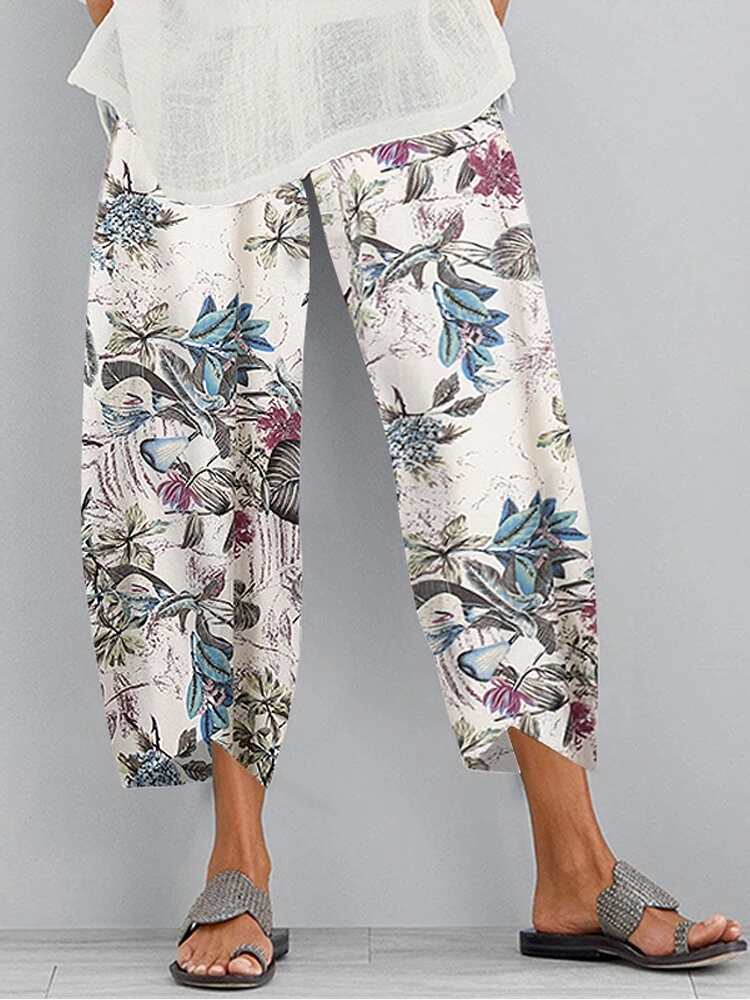 (image for) ZANZEA Women Retro Floral Print Pants Elastic Waist Irregular Hem Casual Pants with Pockets Summer Comfy Cropped Trousers