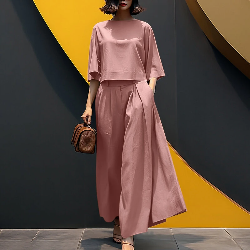(image for) ZANZEA Women Two-piece Outfits 3/4 Sleeve O-Neck Top Elastic Waist Pleated Wide Leg Pants Sets